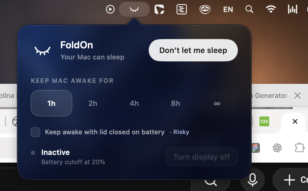 FoldOn menu bar controls
